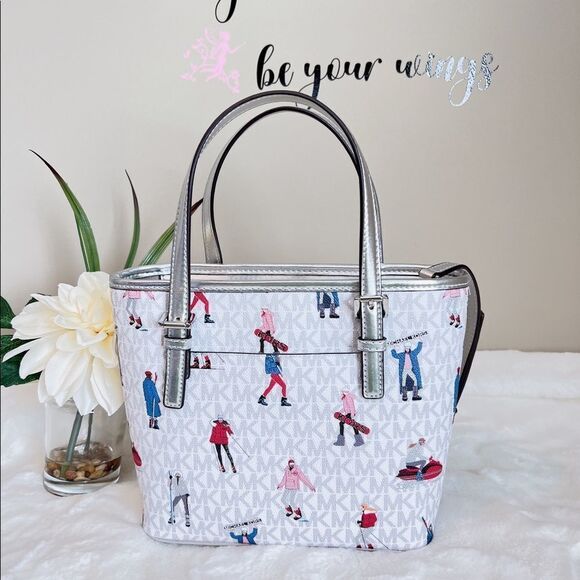 Michael Kors Jet Set Girls‎ Print White Signature XS Carryall Top Zip Tote Bag - Picture 3 of 6